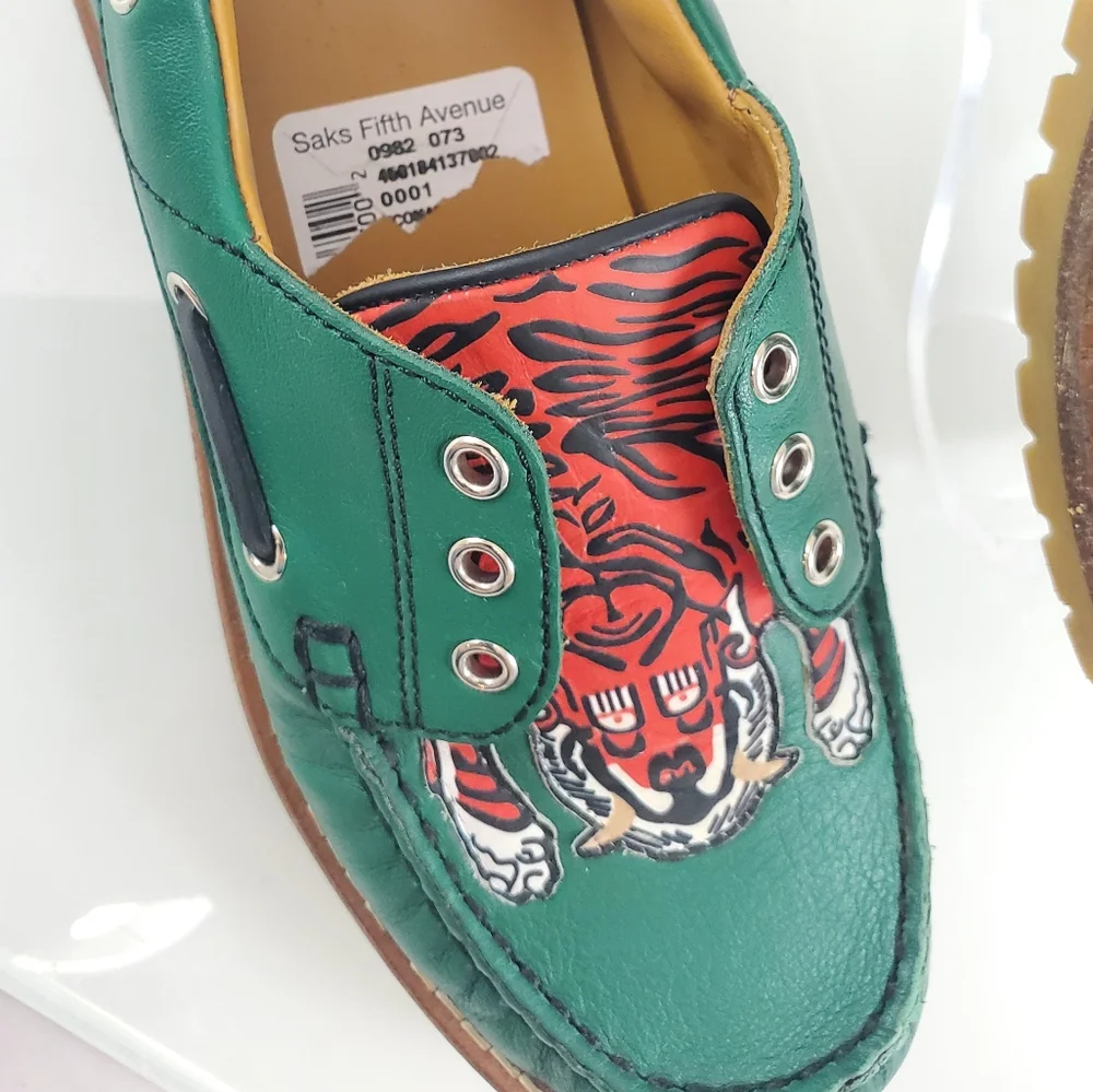 NWT$420 Gucci Boy's Green Leather Loafer w/ Red Animal Print Sz Gucci 30 US 12.5